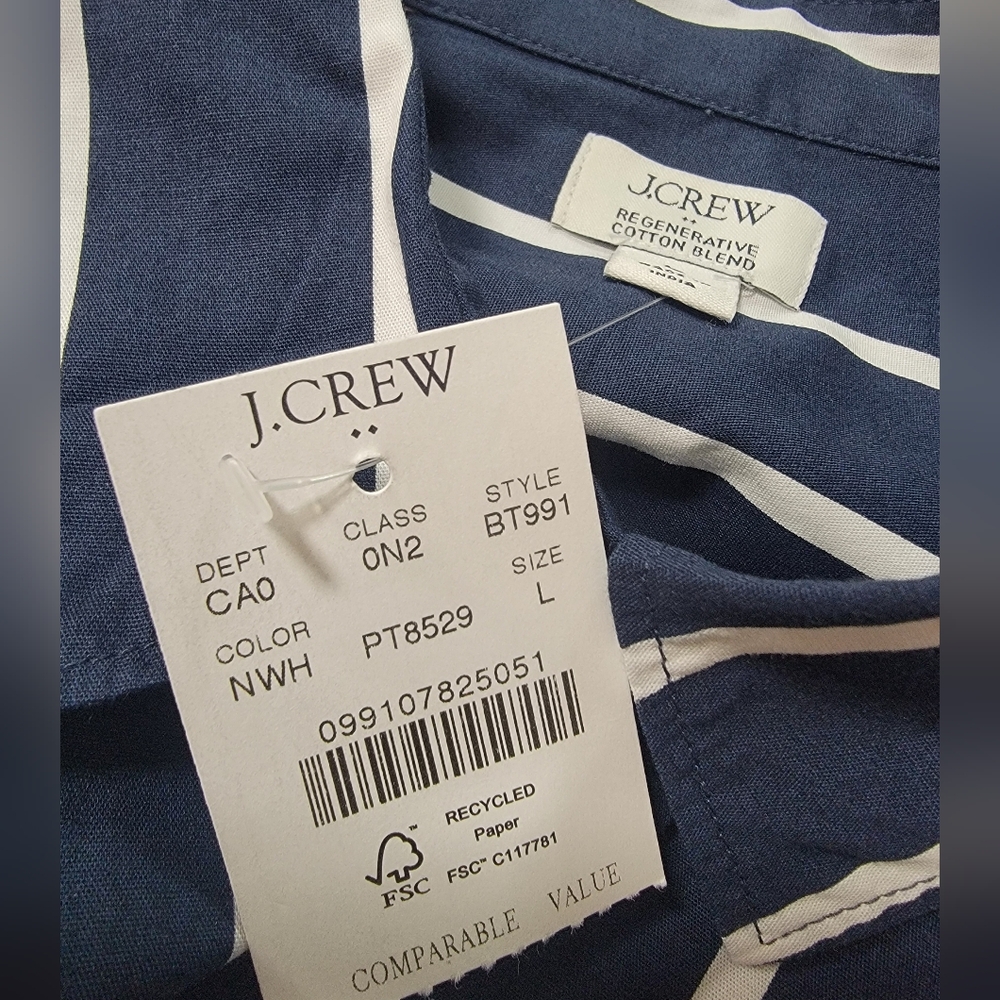 J Crew Factory Navy and White Striped Women's Button-Down Shirt Size L NWT - Picture 8 of 10